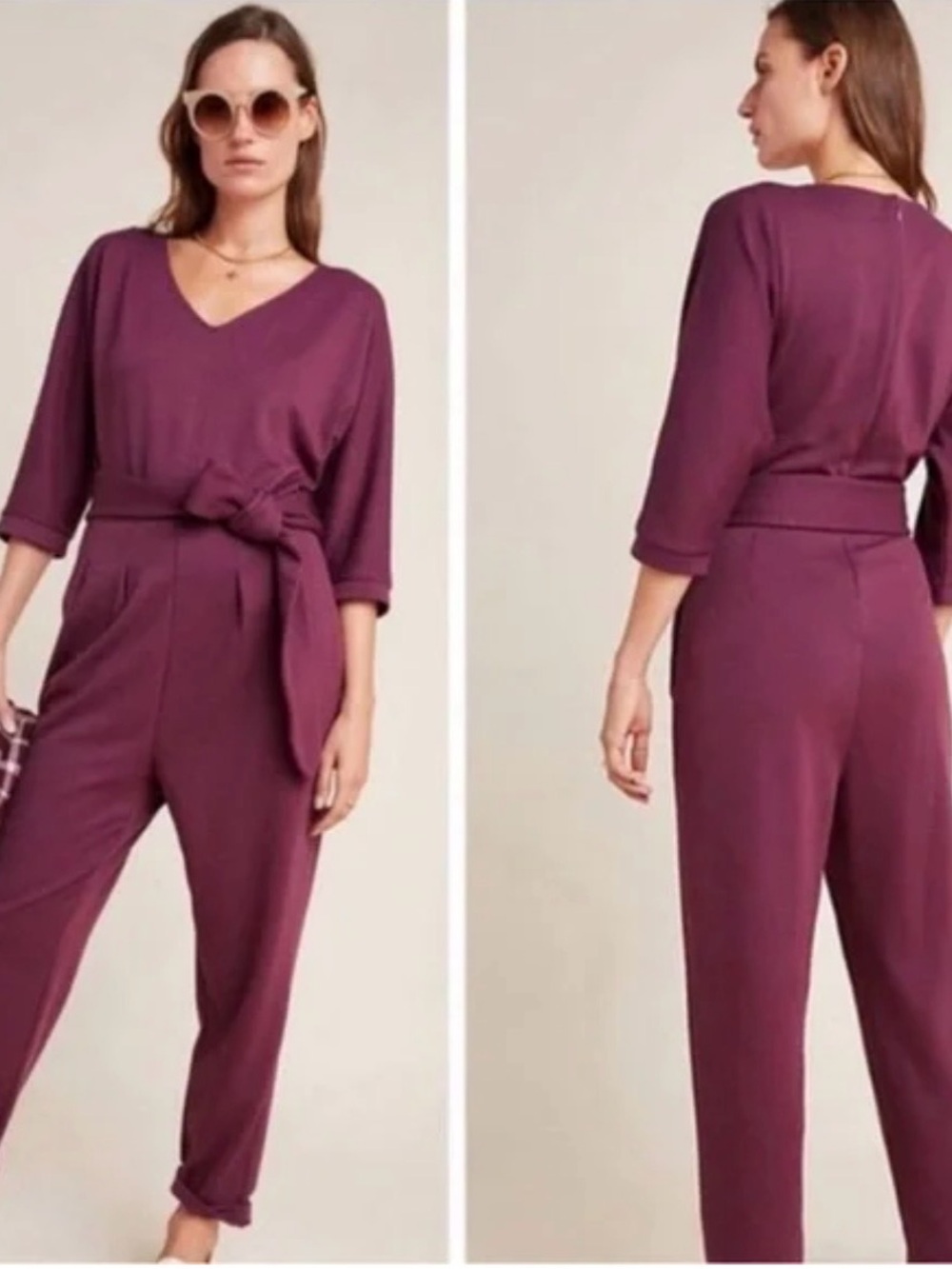 Anthropologie Plum V-Neck Tie-Waist Jumpsuit